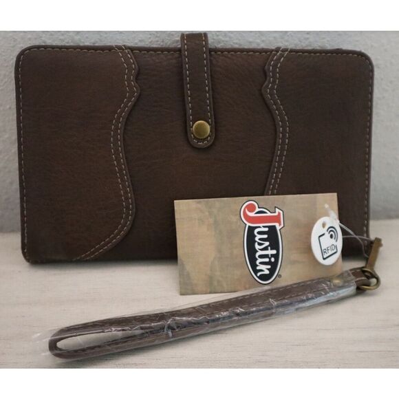 Justin Boots 22108516W Women's Textured Brown Leather Yoke Slim Wristlet Wallet - Picture 1 of 9